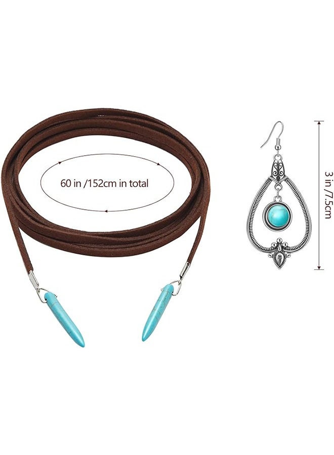 Lemon 2 Set Western Turquoise Jewelry for Women, 1 Pcs Bohemian Turquoise Pendant Long Necklace Suede Pendant Choker and 1 Pairs Western Boho Earrings - Image 3