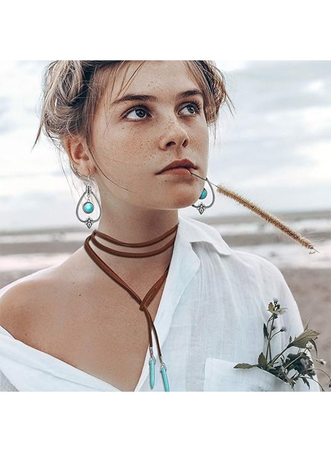 Lemon 2 Set Western Turquoise Jewelry for Women, 1 Pcs Bohemian Turquoise Pendant Long Necklace Suede Pendant Choker and 1 Pairs Western Boho Earrings - Image 2