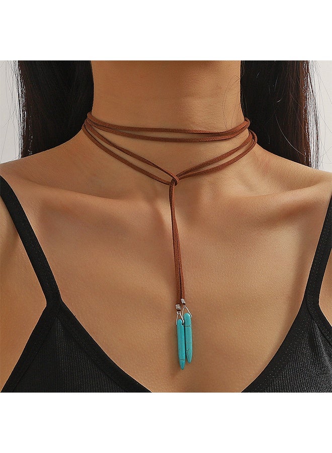 Lemon 2 Set Western Turquoise Jewelry for Women, 1 Pcs Bohemian Turquoise Pendant Long Necklace Suede Pendant Choker and 1 Pairs Western Boho Earrings - Image 4