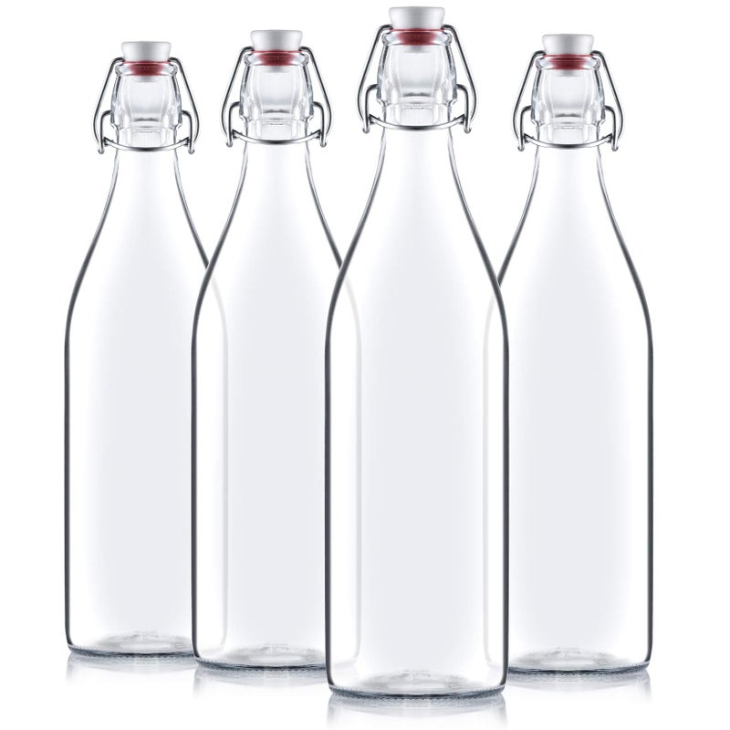 Bormioli Rocco Bormioli Rocco Giara Swing Top Bottles 33  Ounce4 Pack Round Clear Glass Grolsch Flip Top Bottle With Stopper for Beverages Smoothies Kefir Beer Soda Juicing Kombucha Water Milk and Vinegar 