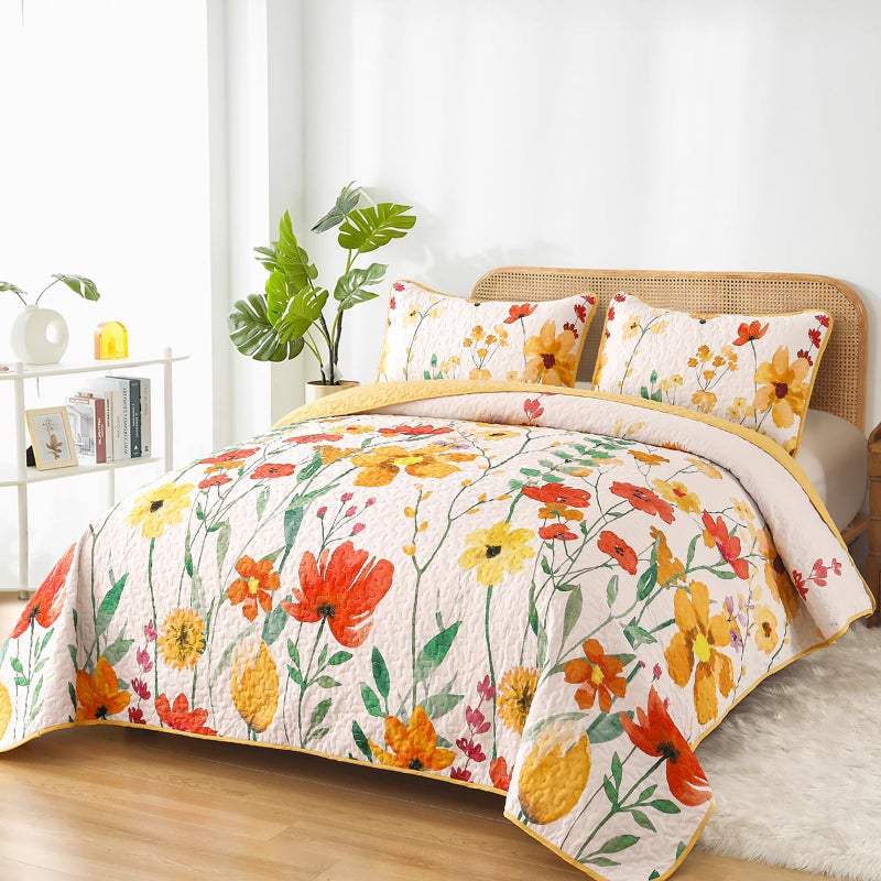 Anibedding Yellow Quilt Set King Size, Yellow Floral Reversible Bedspread Soft Microfiber Lightweight King Size Quilt Bedding Sets Reversible Coverlet for All Season(King, 104"x90") - Image 2