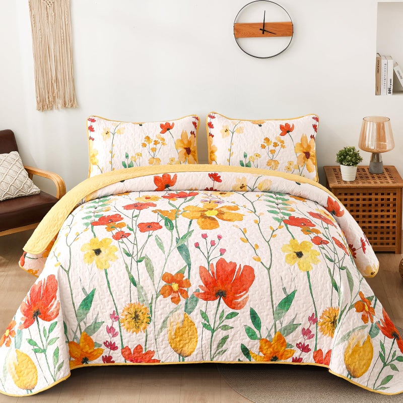 Anibedding Yellow Quilt Set King Size, Yellow Floral Reversible Bedspread Soft Microfiber Lightweight King Size Quilt Bedding Sets Reversible Coverlet for All Season(King, 104"x90") - Image 1