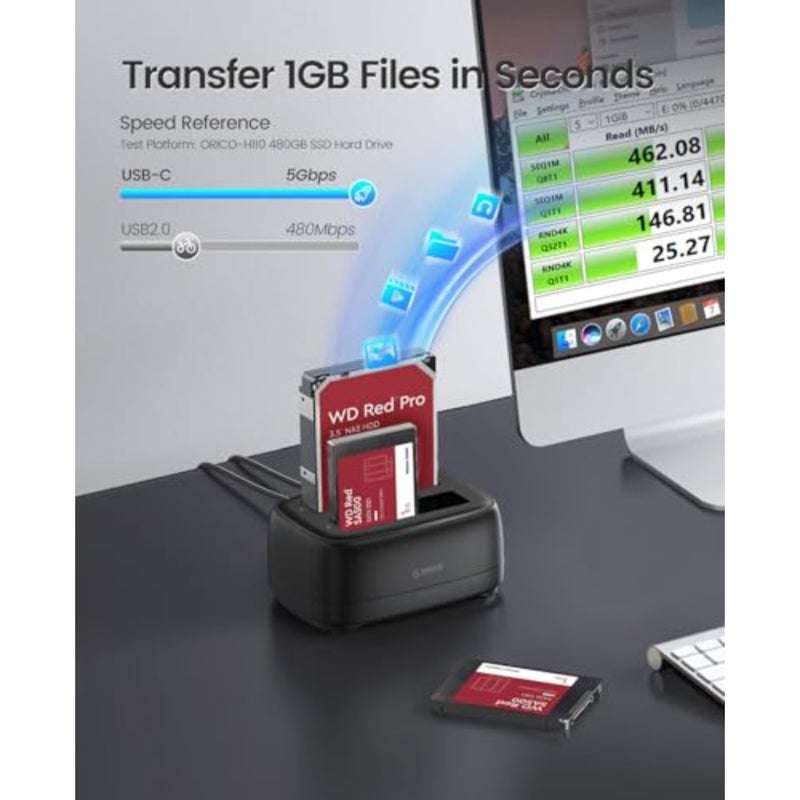 وحدة نسخ القرص الصلب الخارجي/استنساخ SATA إلى USB-C لـ 2.5/3.5 SSD/HDD، خليج مزدوج، سعة 36 تيرابايت، أسود، نسخ احتياطي عالي السرعة لأجهزة الكمبيوتر المحمول PS5 Xbox - Image 4