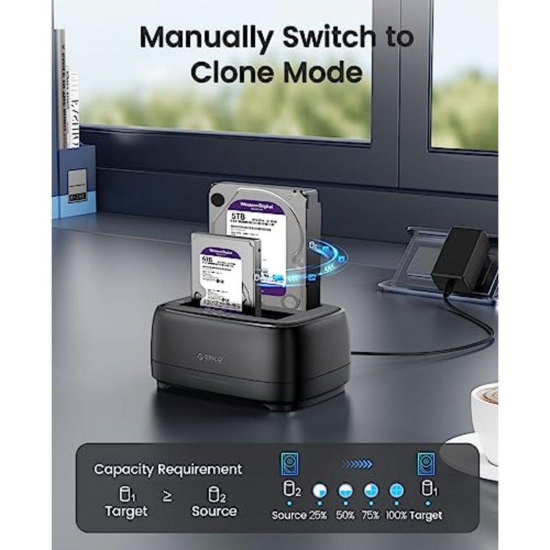 وحدة نسخ القرص الصلب الخارجي/استنساخ SATA إلى USB-C لـ 2.5/3.5 SSD/HDD، خليج مزدوج، سعة 36 تيرابايت، أسود، نسخ احتياطي عالي السرعة لأجهزة الكمبيوتر المحمول PS5 Xbox - Image 2
