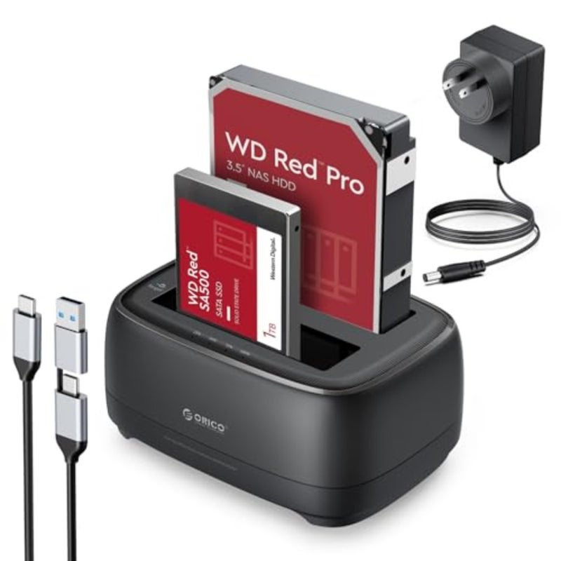 وحدة نسخ القرص الصلب الخارجي/استنساخ SATA إلى USB-C لـ 2.5/3.5 SSD/HDD، خليج مزدوج، سعة 36 تيرابايت، أسود، نسخ احتياطي عالي السرعة لأجهزة الكمبيوتر المحمول PS5 Xbox - Image 1