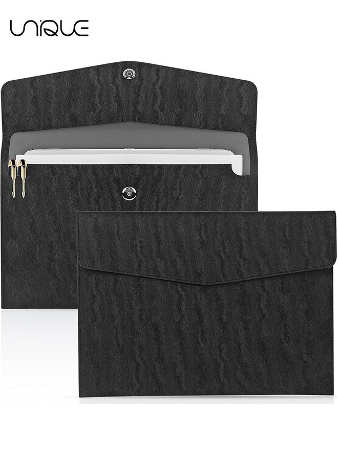 Unique File Folder, PU Leather A4 Document Holder Organizer Filing Envelope Portfolio Case Tablet Sleeve with Magnetic Snap Closure for Home School Office Stationery (Black)  - Image 1
