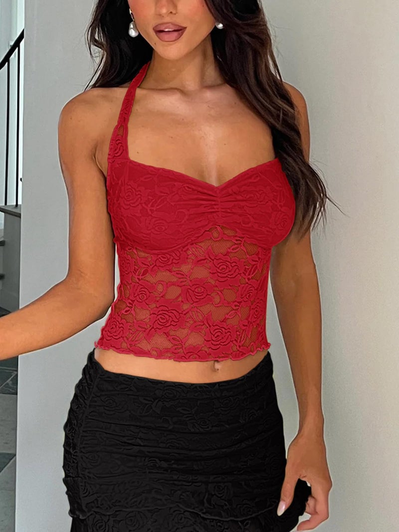 REORIA Womens Summer Sexy Lace Halter Tank Tops Sleeveless Y2K Trendy Crop Top Going Out Shirts 2025 Fashion Red Small - Image 3
