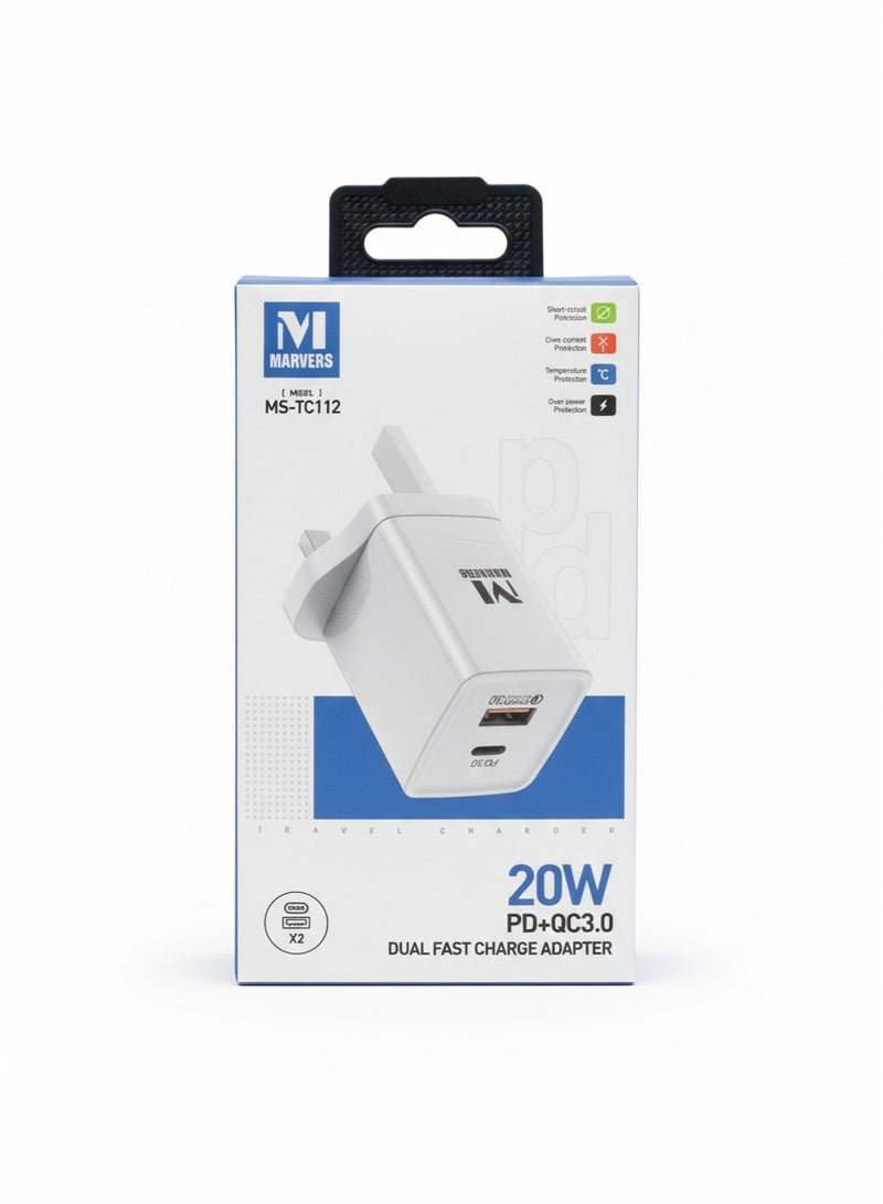 أعجوبة شاحن سريع مارفيرس ثنائي المنفذ 20 واط بتقنية PD 3.0 و QC 3.0 | محول حائط سريع USB-C و USB-A | متوافق مع آيفون 15/14/13، سامسونج، آيباد و أندرويد - MS-TC112 - Image 2