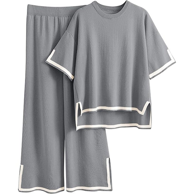Women's Fashion Two-Piece Set: Color-Block Short Sleeve Top & High-Waist Wide-Leg Pants - Image 4