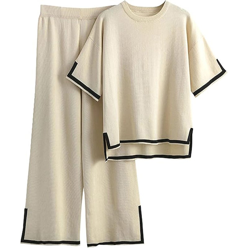 Women's Fashion Two-Piece Set: Color-Block Short Sleeve Top & High-Waist Wide-Leg Pants - Image 2