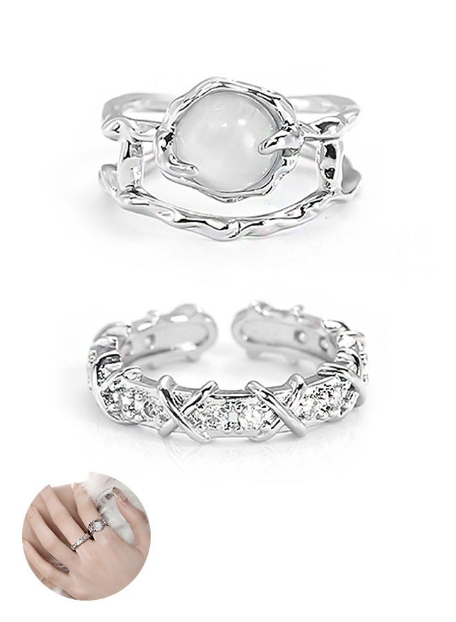 بيوند خواتم الوعد للأزواج من حجر القمر، خاتم خطوبة من التيتانيوم المقاوم للتلاشي، مناسب كهدية للزوجين وخاتم زفاف (فضي) - Image 1