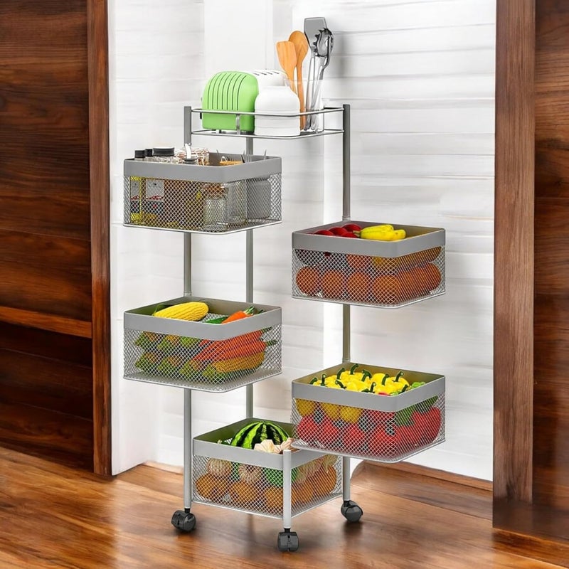 ADMIN INDUSTRIES Iron Kitchen Trolley with Wheels Kitchen Organizer Items and Storage Solutions for Squre Kitchen Organizer and Kitchen Accessories Items Kitchen Storage cart Grey 5 Layer