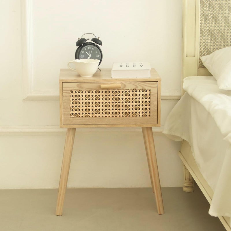 AWASEN Rattan Nightstand Bedside Table with Rattan Drawer Wood End Table with Storage and Solid Wood Legs for Bedroom Living Room Small Space Walnut