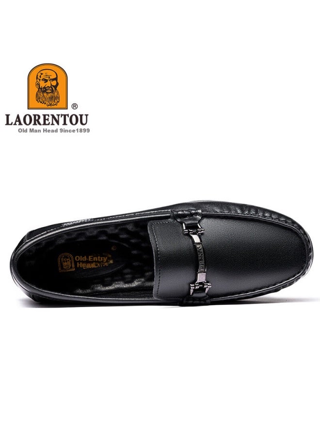 Laorentou Leather Shoes For Men, Business Casual Shoes, Slip-on Loafers With Metal Buckle Decoration, Breathable And Wear-resistant Driving Shoes For Men La13328 Black Size 40