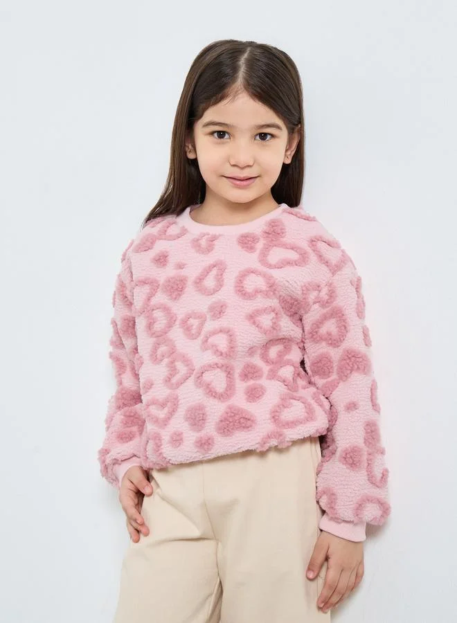 Styli Styli Girls Pink Heart Pattern Fleece Sweatshirt