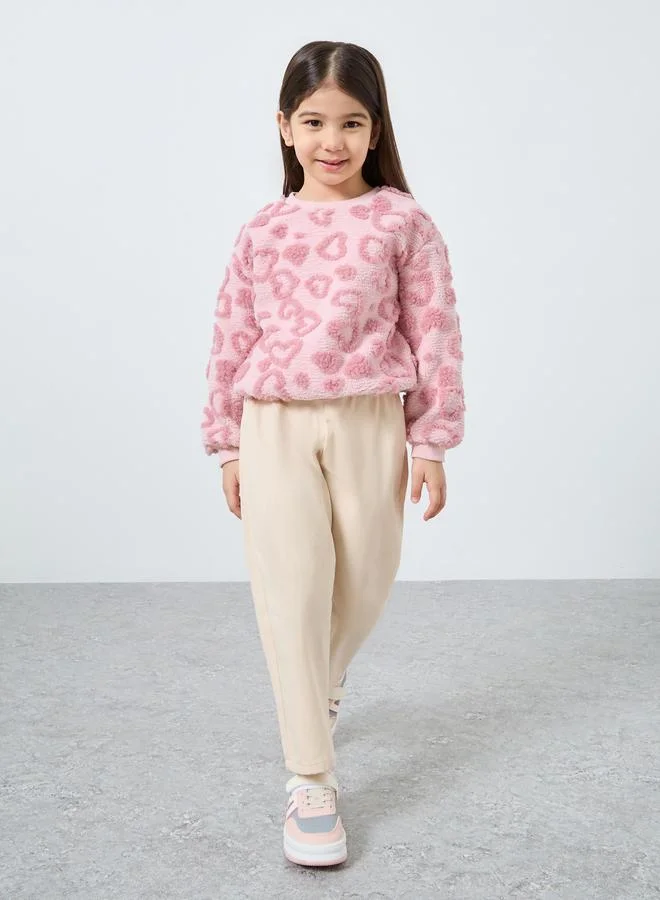 Styli Styli Girls Pink Heart Pattern Fleece Sweatshirt