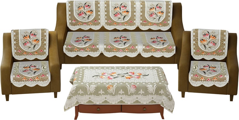 HOMECROWN Cotton Polyester Net Fabric Floral 5 Seater Sofa Cover with Matching 4 Seater Center Table Cover Set, Brown - Image 2