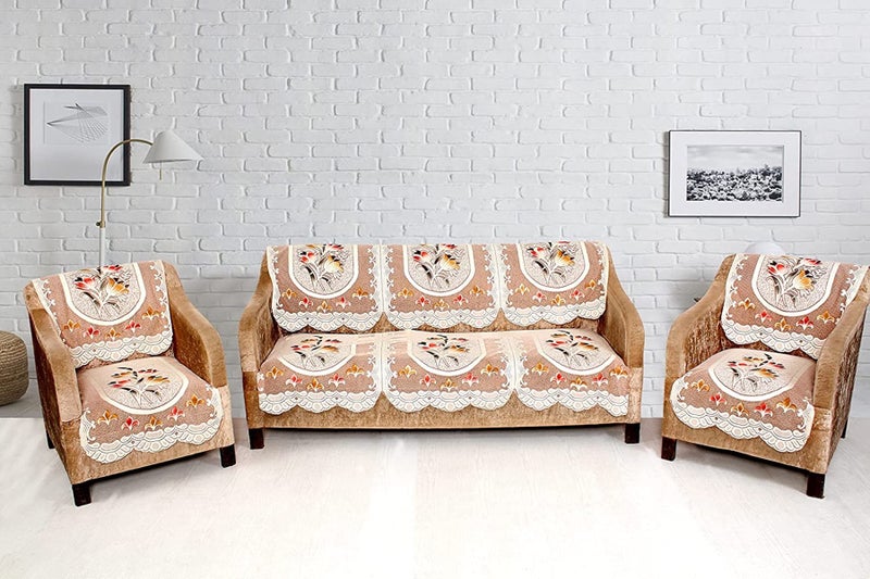 HOMECROWN Cotton Polyester Net Fabric Floral 5 Seater Sofa Cover with Matching 4 Seater Center Table Cover Set, Brown - Image 3
