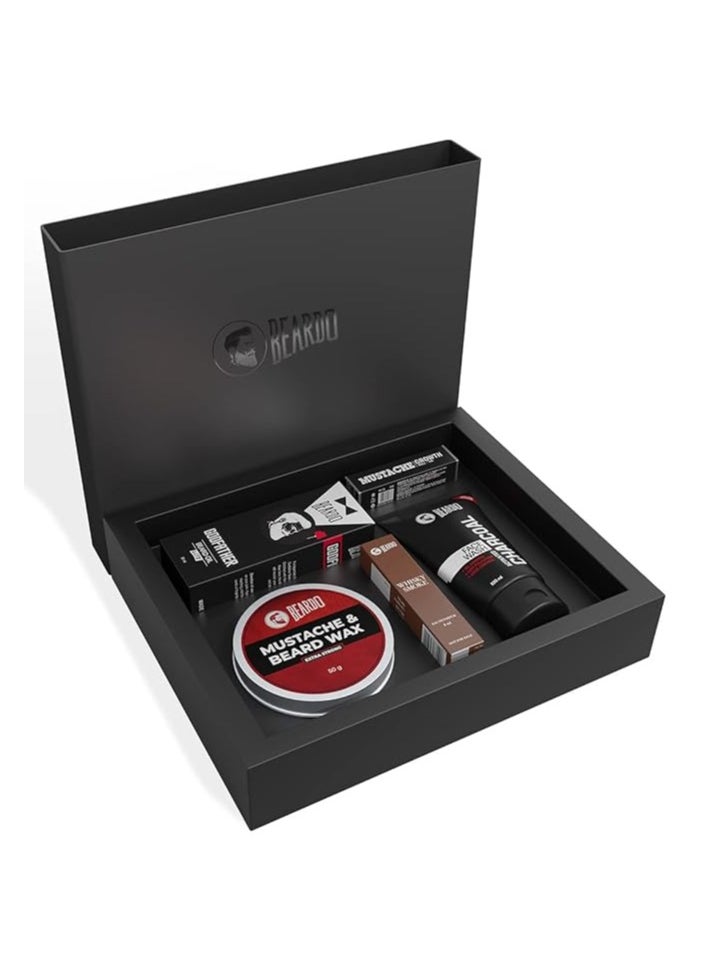 BEARDO Beardo Gift Box 5-in-1 | Activated Charcoal Facewash 100ml | Godfather Beard oil 30ml | Beardo Beard & Mustache Wax - Extra Strong 50g | Growth Roll on 8ml | Whisky Smoke Perfume for men EDP 8ml | Rakhi Gift for Brother | Friendship Day Gift  - Image 1