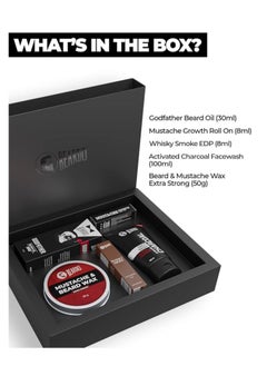 BEARDO Beardo Gift Box 5-in-1 | Activated Charcoal Facewash 100ml | Godfather Beard oil 30ml | Beardo Beard & Mustache Wax - Extra Strong 50g | Growth Roll on 8ml | Whisky Smoke Perfume for men EDP 8ml | Rakhi Gift for Brother | Friendship Day Gift  - Image 2