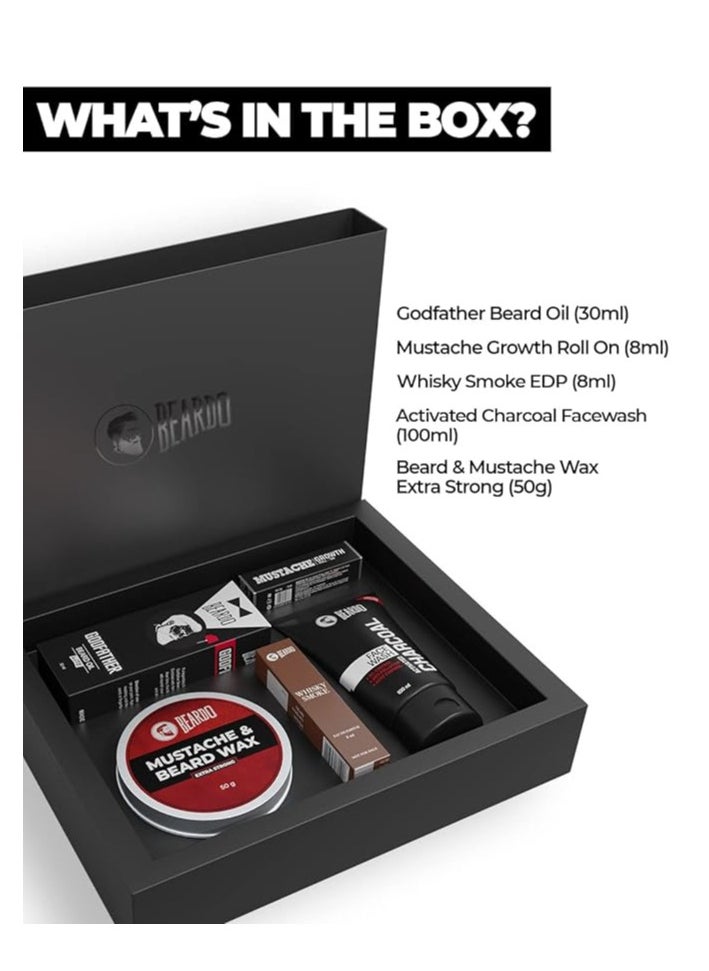 BEARDO Beardo Gift Box 5-in-1 | Activated Charcoal Facewash 100ml | Godfather Beard oil 30ml | Beardo Beard & Mustache Wax - Extra Strong 50g | Growth Roll on 8ml | Whisky Smoke Perfume for men EDP 8ml | Rakhi Gift for Brother | Friendship Day Gift  - Image 2