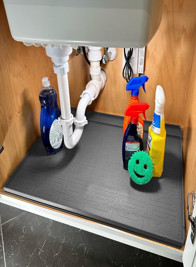 XTREME MATS Trimmable Rubber Under Sink Cabinet Mat - Ultimate Waterproof Protection for Kitchen or Bathroom Cabinets with Patented Overflow Channels (Grey) - Image 1