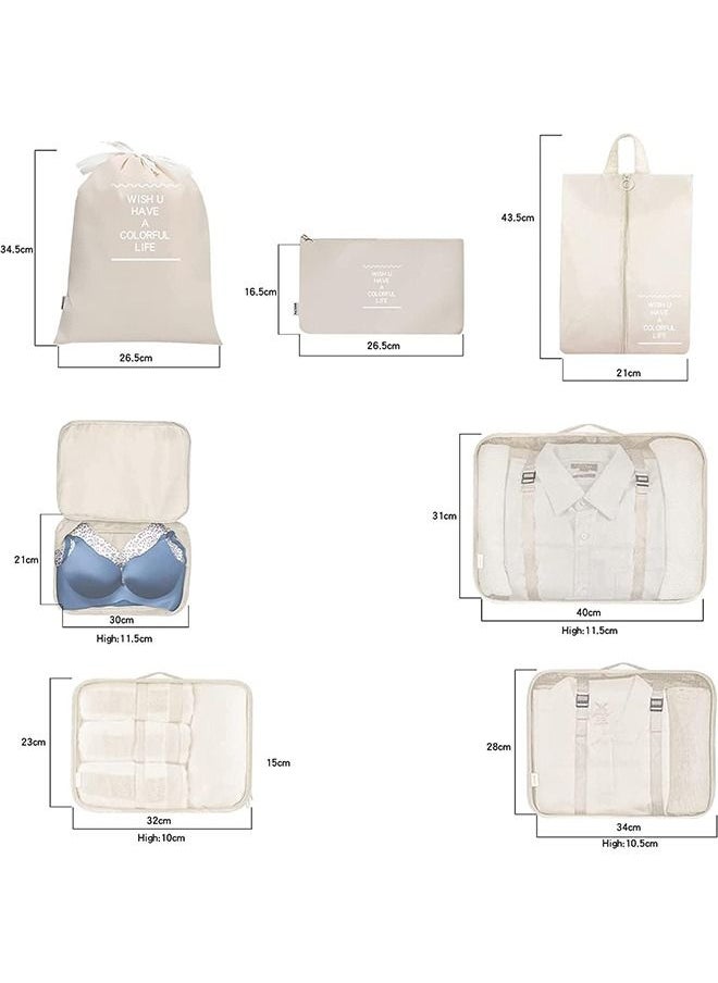 Arabest - 7 Set Packing Cubes for Suitcases,Travel Luggage Packing Organizers with Laundry Bag, Compression Storage Shoe Bag, Clothing Underwear Bag, For Man & Women (Beige) - Image 1
