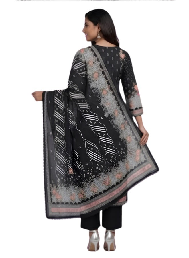 aeen Women’s Black Floral Printed 3-Piece Kurta Set with Dupatta and Trousers, Elegant Embroidered Ethnic Suit Set, Scalloped Dupatta, Straight Pants - Image 3