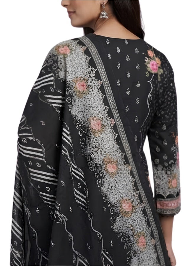 aeen Women’s Black Floral Printed 3-Piece Kurta Set with Dupatta and Trousers, Elegant Embroidered Ethnic Suit Set, Scalloped Dupatta, Straight Pants - Image 5