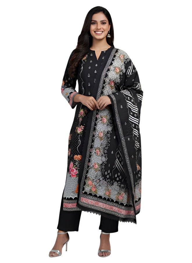 aeen Women’s Black Floral Printed 3-Piece Kurta Set with Dupatta and Trousers, Elegant Embroidered Ethnic Suit Set, Scalloped Dupatta, Straight Pants - Image 1