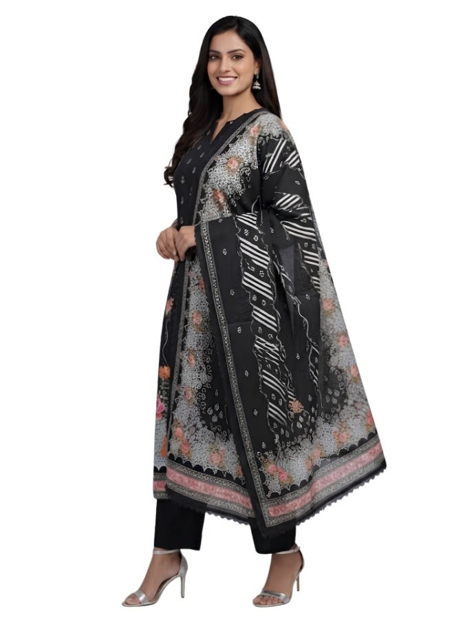 aeen Women’s Black Floral Printed 3-Piece Kurta Set with Dupatta and Trousers, Elegant Embroidered Ethnic Suit Set, Scalloped Dupatta, Straight Pants - Image 2