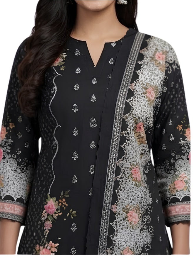 aeen Women’s Black Floral Printed 3-Piece Kurta Set with Dupatta and Trousers, Elegant Embroidered Ethnic Suit Set, Scalloped Dupatta, Straight Pants - Image 4
