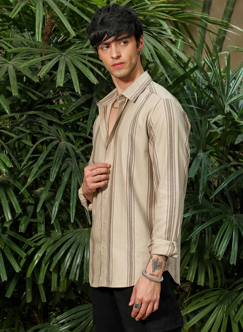 Campus Sutra Campus Sutra Men's Bisque Beige Halo-Striped Shirt For Casual Wear | Spread Collar | Long Sleeve | Button Closure | Shirt Crafted With Comfort Fit For Everyday Wear
