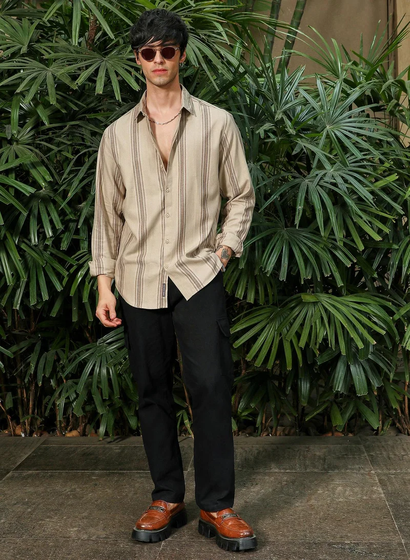 Campus Sutra Campus Sutra Men's Bisque Beige Halo-Striped Shirt For Casual Wear | Spread Collar | Long Sleeve | Button Closure | Shirt Crafted With Comfort Fit For Everyday Wear