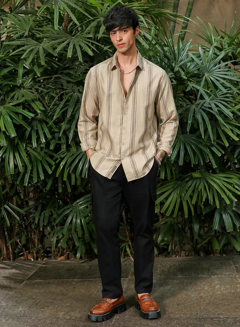 Campus Sutra Campus Sutra Men's Bisque Beige Halo-Striped Shirt For Casual Wear | Spread Collar | Long Sleeve | Button Closure | Shirt Crafted With Comfort Fit For Everyday Wear
