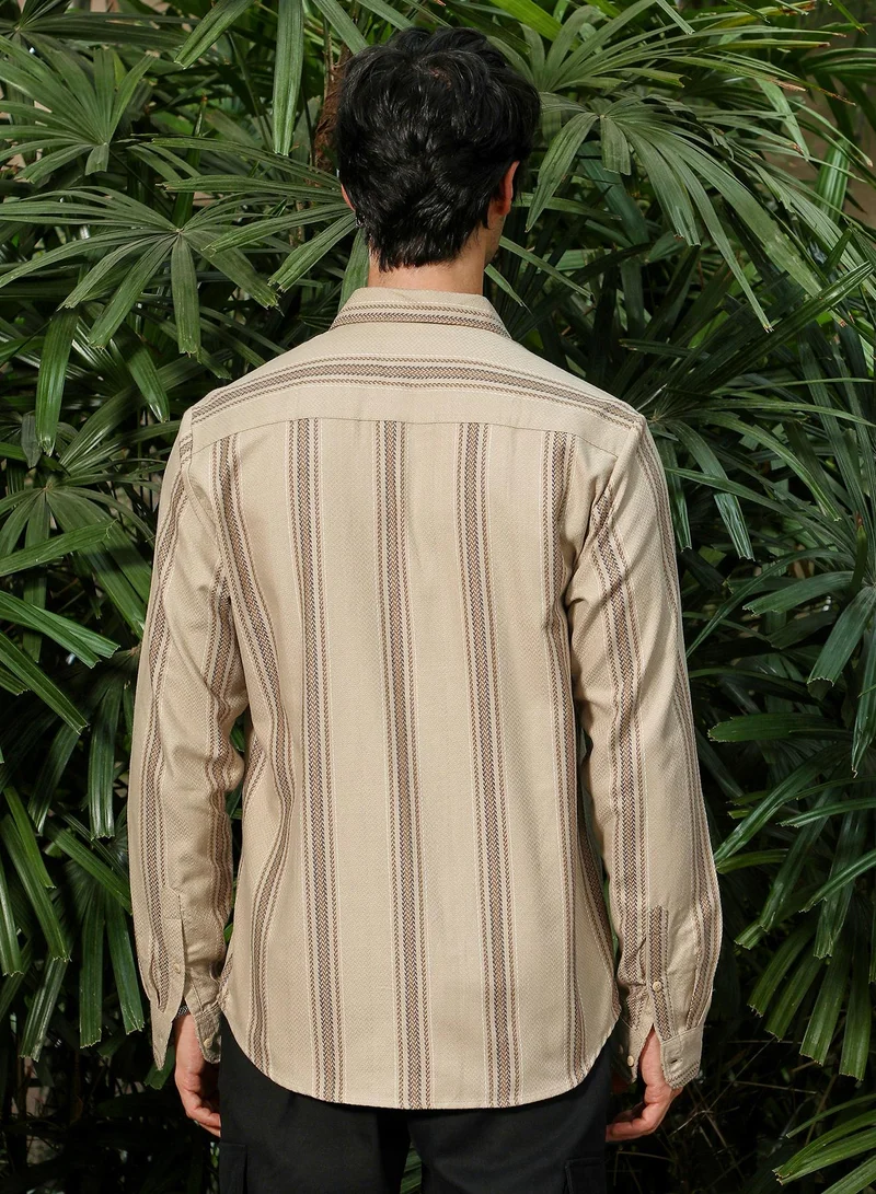 Campus Sutra Campus Sutra Men's Bisque Beige Halo-Striped Shirt For Casual Wear | Spread Collar | Long Sleeve | Button Closure | Shirt Crafted With Comfort Fit For Everyday Wear