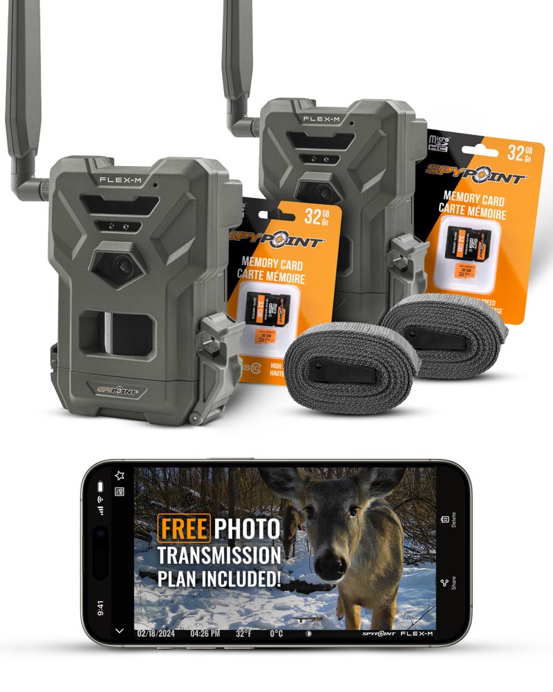 SPYPOINT Flex-M Twin Pack Cellular Trail Cameras - 2 SD Cards Included, Best Hunting Accessories, No WiFi Needed, GPS, Night Vision, IP65 Water-Resistant, 28MP Photos, & 720p Videos + Sound (2) - Image 1