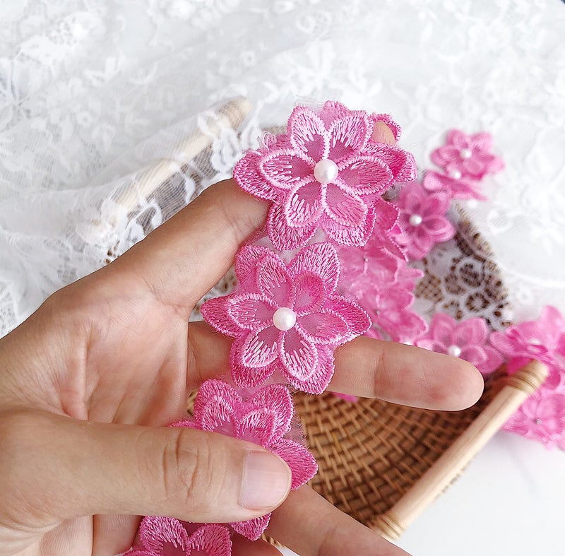 simpleSS 3Yards Organza Flower Lace Edge Trim Ribbon, Vintage Edging Trimmings Fabric Embroidered Applique Sewing Craft for Wedding Dress Embellishment DIY Dress Decor (Pink) - Image 4