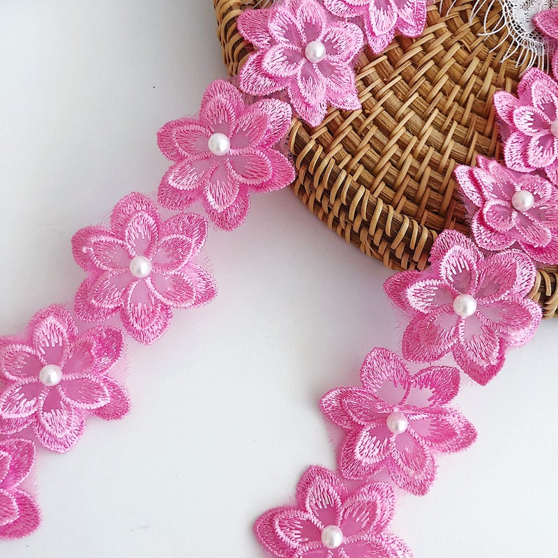 simpleSS 3Yards Organza Flower Lace Edge Trim Ribbon, Vintage Edging Trimmings Fabric Embroidered Applique Sewing Craft for Wedding Dress Embellishment DIY Dress Decor (Pink) - Image 2