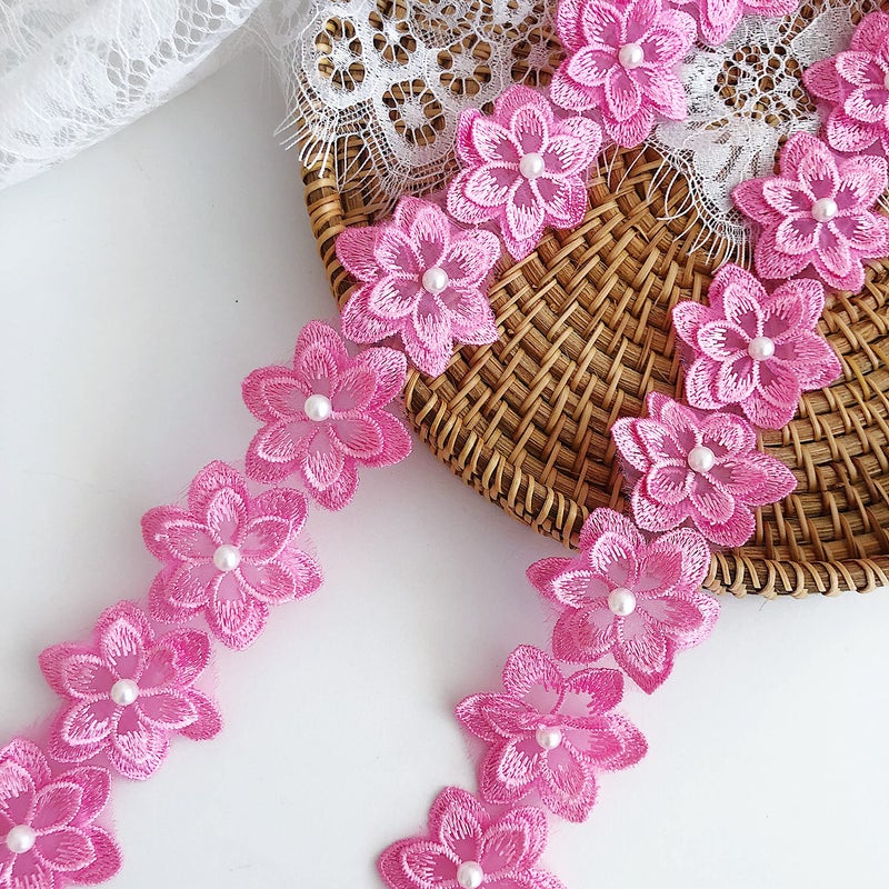 simpleSS 3Yards Organza Flower Lace Edge Trim Ribbon, Vintage Edging Trimmings Fabric Embroidered Applique Sewing Craft for Wedding Dress Embellishment DIY Dress Decor (Pink) - Image 1