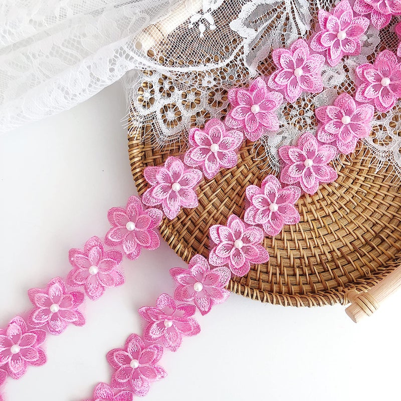 simpleSS 3Yards Organza Flower Lace Edge Trim Ribbon, Vintage Edging Trimmings Fabric Embroidered Applique Sewing Craft for Wedding Dress Embellishment DIY Dress Decor (Pink) - Image 3