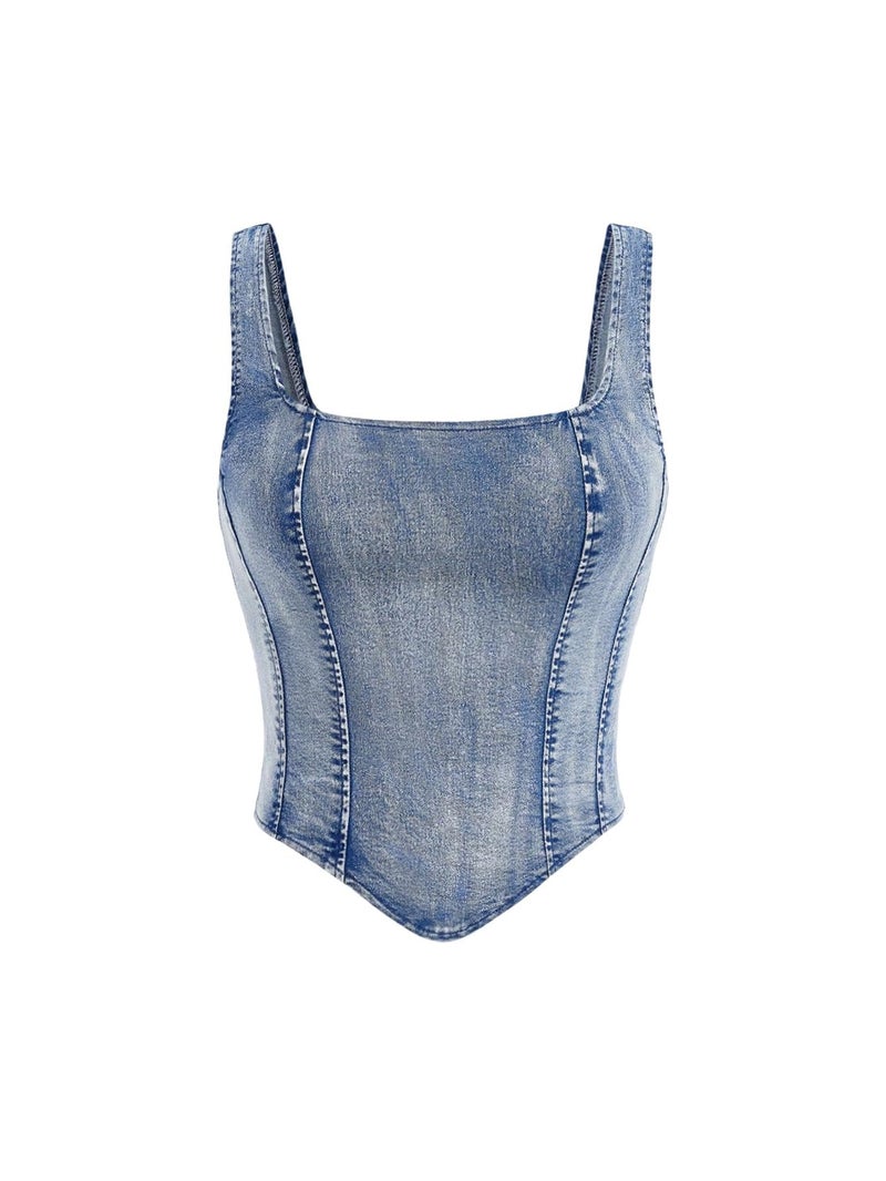 WDIRARA Women's Denim Corset Tank Top Asymmetrical Hem Crop Tops Sleeveless Zip Up Back Tanks Medium Wash Medium - Image 1