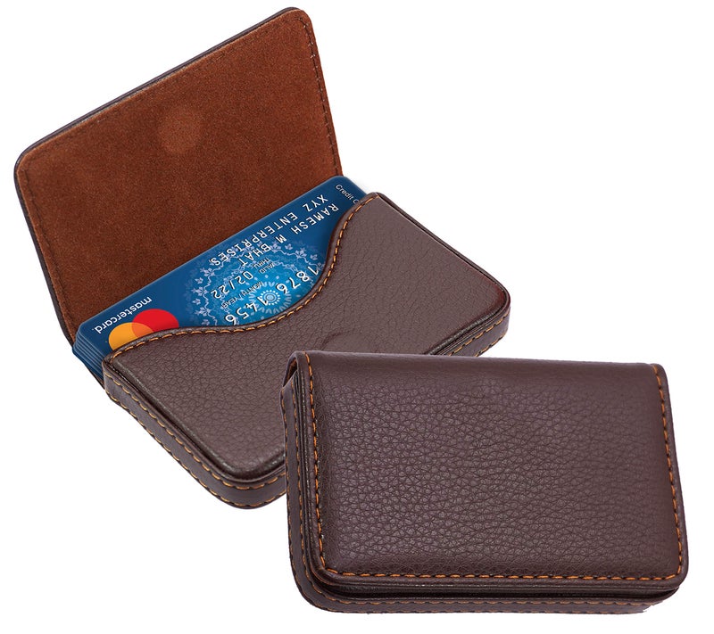 DAHSHA Pocket Sized Stitched PU Leather Credit Card Holder Visiting Business Card Case Wallet with Magnetic Shut for Men & Women (10 x 6 x 1.6 cm, Coffee Brown) - Image 1