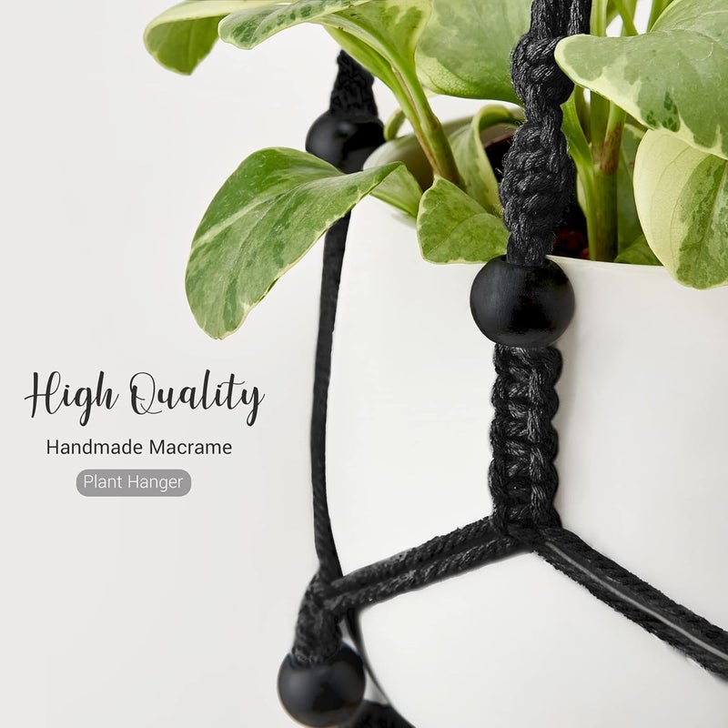 Mkono Macrame Plant Hanger Indoor Hanging Planter Basket with Wood Beads Decorative Flower Pot Holder No Tassels for Indoor Outdoor Boho Home Decor 35 Inch, Black, Set of 1 (POTS NOT Included) - Image 4