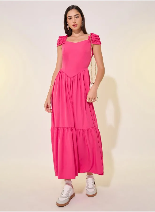 Styli Solid Textured A-Line Tiered Maxi Dress