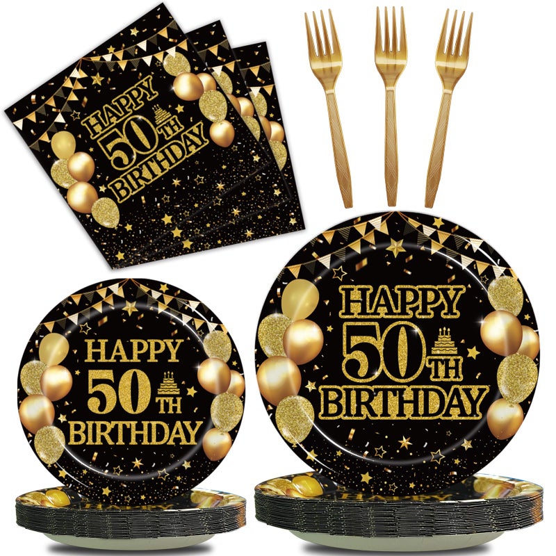 Kepeel 96Pcs 50th Birthday Party Tableware Set Back in 1975 Birthday Party Decorations Supplies for Men Women Cheers to 50 Years Disposable Paper Plates Napkins Forks Favors Serve 24