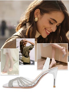 roaiss Women Rhinestone Decor Stiletto Heeled Pumps Elegant Banquet Slingback Pumps Ladies Pvc Fashion Shiny Crystal High Heels Slip on Slingback Pointed Toe Wedding Sandals Summer Shoes  - Image 5