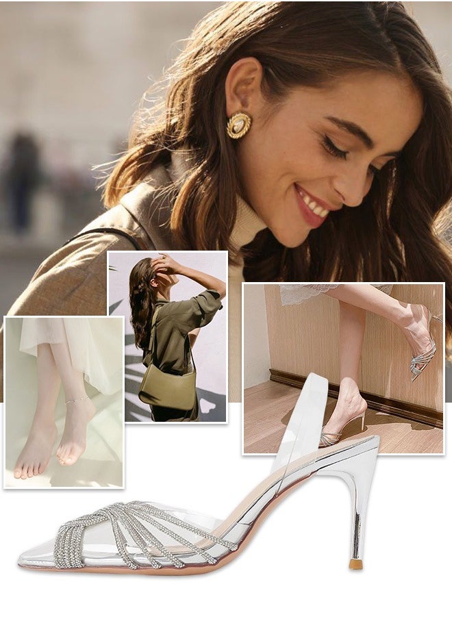 roaiss Women Rhinestone Decor Stiletto Heeled Pumps Elegant Banquet Slingback Pumps Ladies Pvc Fashion Shiny Crystal High Heels Slip on Slingback Pointed Toe Wedding Sandals Summer Shoes  - Image 5