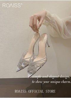roaiss Women Rhinestone Decor Stiletto Heeled Pumps Elegant Banquet Slingback Pumps Ladies Pvc Fashion Shiny Crystal High Heels Slip on Slingback Pointed Toe Wedding Sandals Summer Shoes  - Image 2