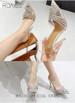 roaiss Women Rhinestone Decor Stiletto Heeled Pumps Elegant Banquet Slingback Pumps Ladies Pvc Fashion Shiny Crystal High Heels Slip on Slingback Pointed Toe Wedding Sandals Summer Shoes  - Image 3